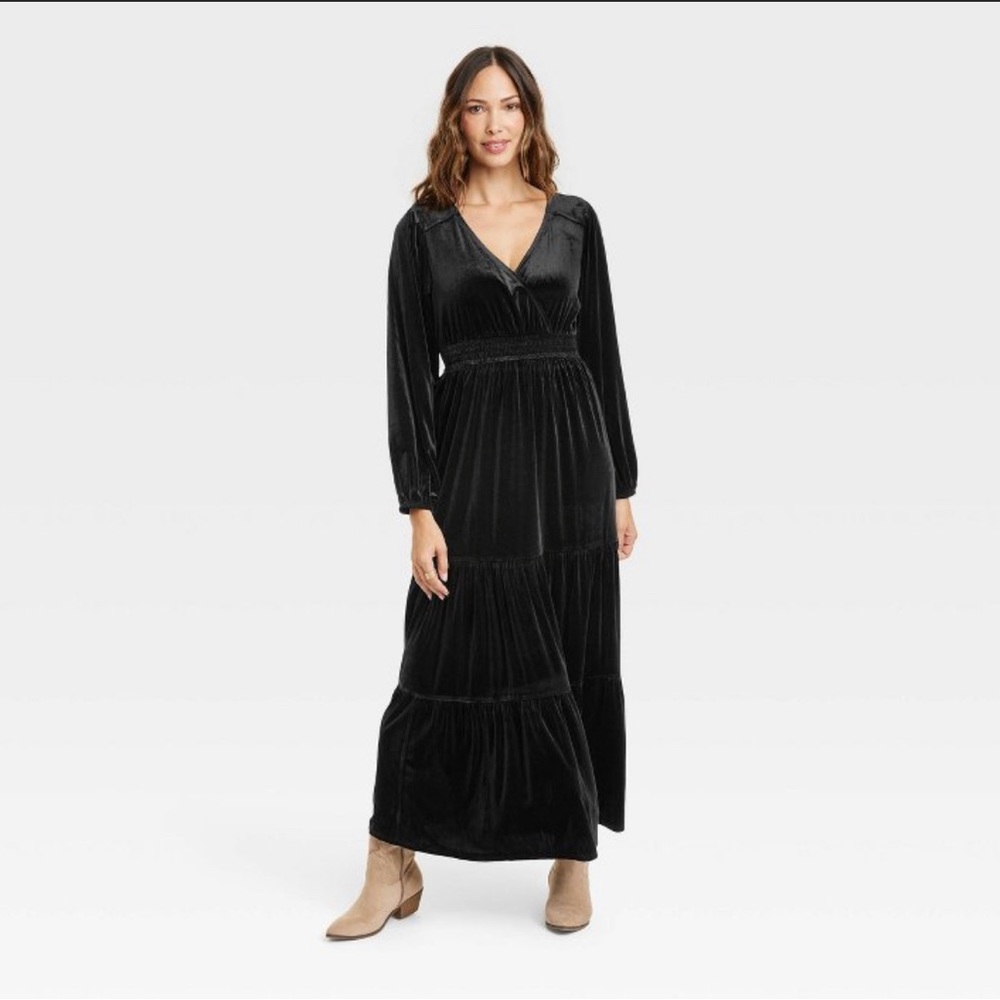Black Velvet Long Sleeve Tiered Dress